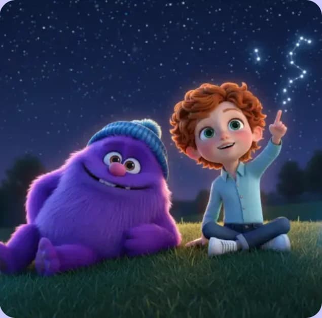 A child and a purple furry friend sharing a moment under the stars