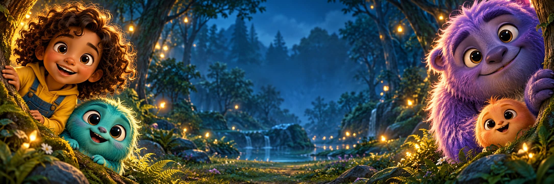 A little adventurer and friendly furry creatures in a magical twilight forest