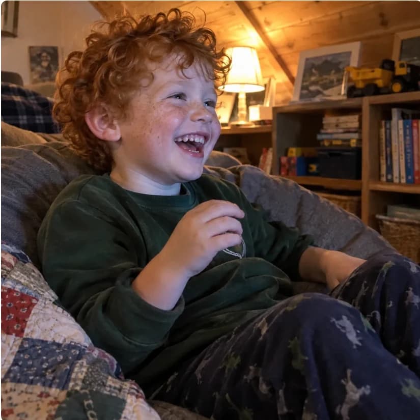 A child smiling with delight during movie night