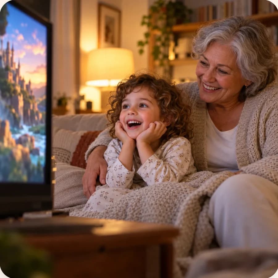A grandmother and child enjoying a movie together